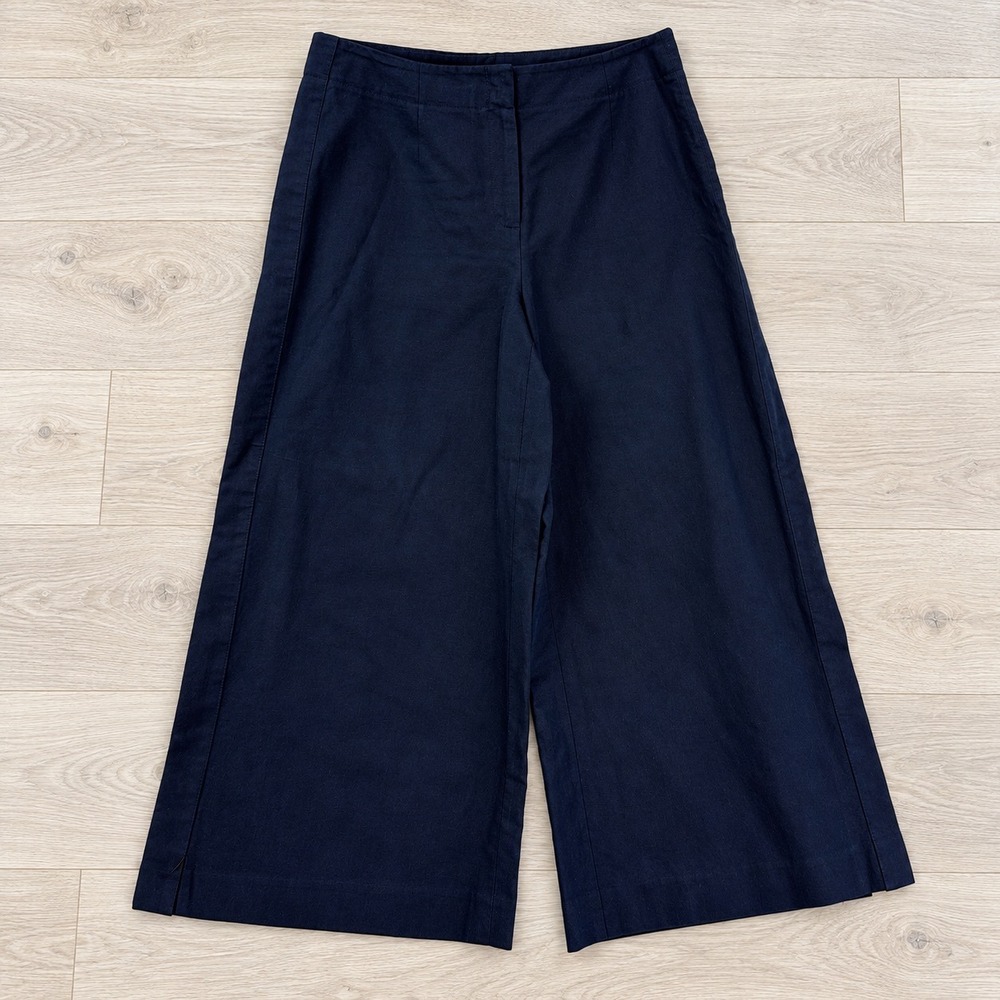 Lafayette 148 New York Pants Womens 6 Navy Blue Cotton Linen Wide Leg Culottes